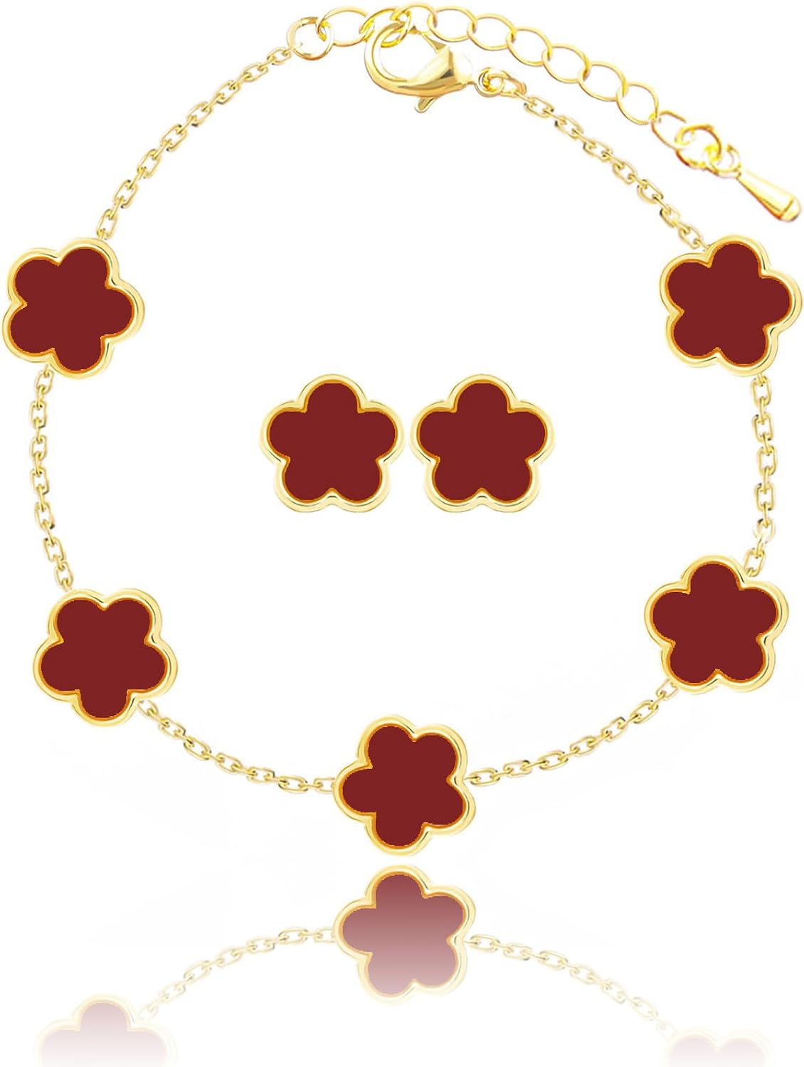 Four Leaf Clover Earring and Bracelet Set for Women Lucky Flower 14K Gold Jewelry