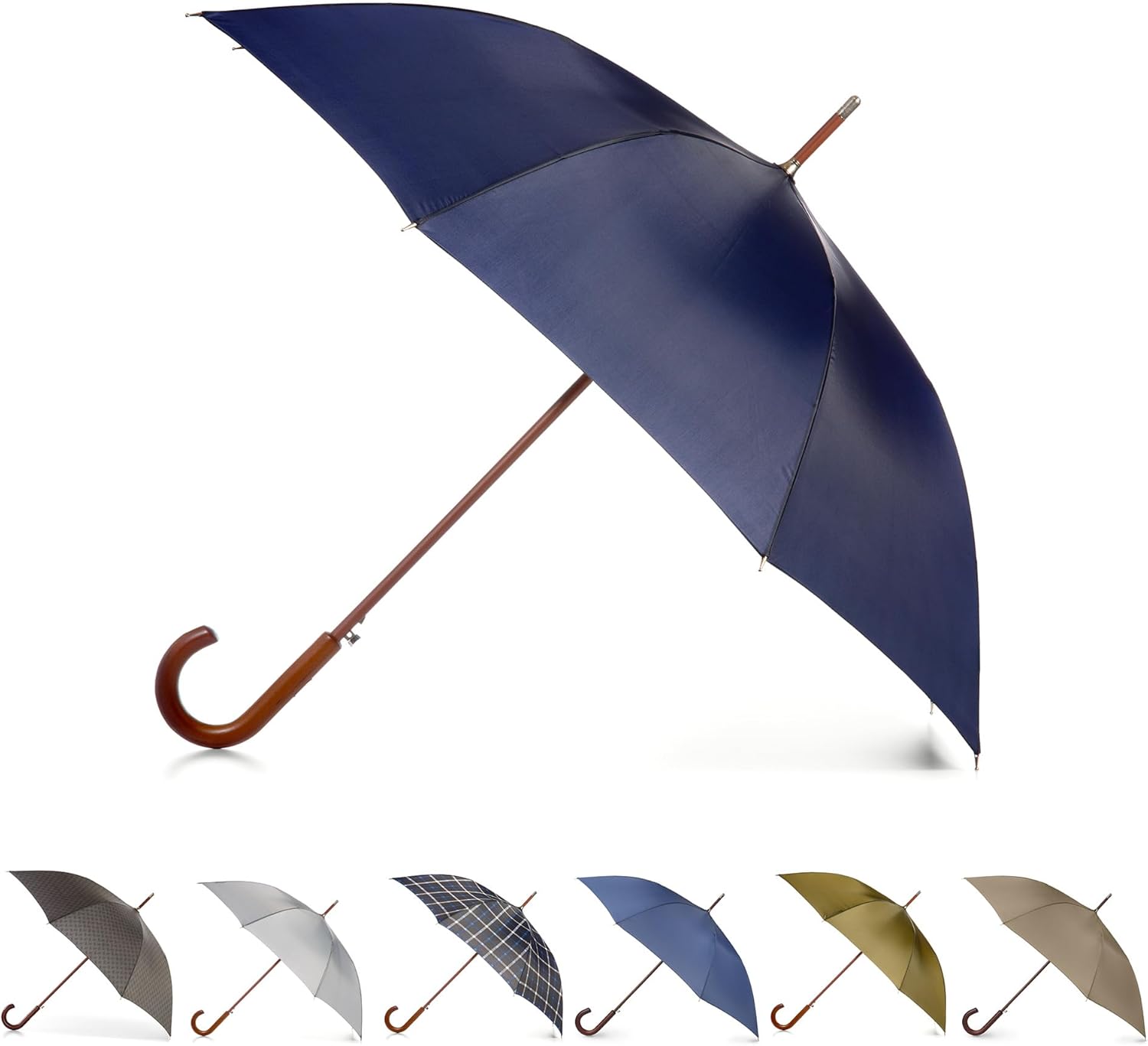 Totes Eco Auto Open Umbrella Classic Wooden J Stick Handle with Easy Grip - Windproof, Rainproof and Durable Canopy Design – Versatile Travel, Perfect for Rainy Days Navy Blue