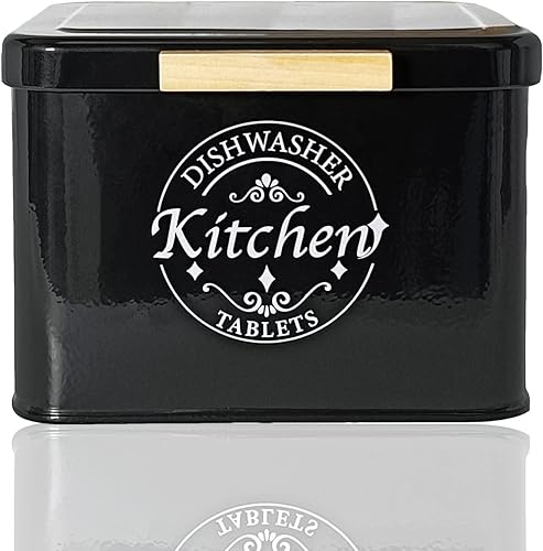 Contenedor de cápsulas para lavavajillas con tapa con bisagras. Soporte de cápsulas de metal para organizador de armario de cocina. Decoración