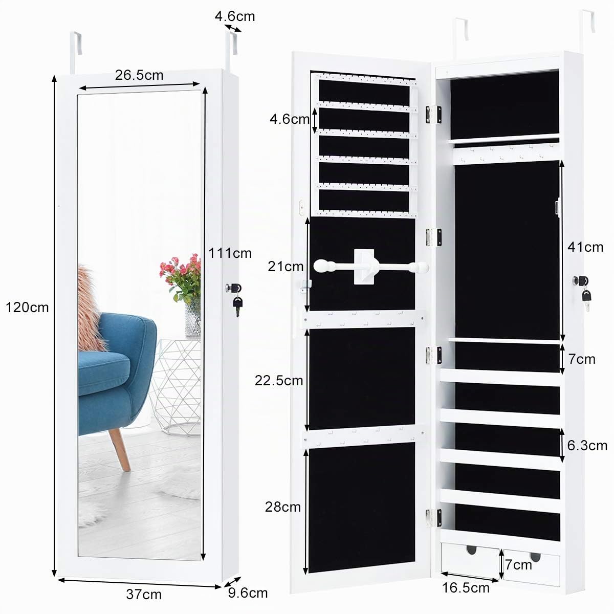COSTWAY Armario para Joyas Espejo Joyero con 15 Luces LED Espejo de Joyería de Puerta y Pared Organizador para Anillos Cadena y Pendientes
