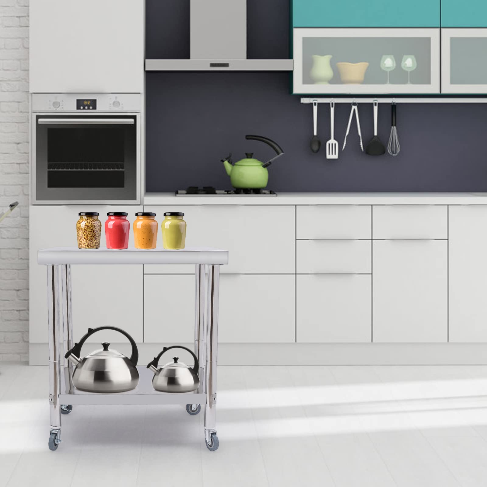 Mesa de trabajo de catering de acero inoxidable para preparación de alimentos, mesa comercial para cocina, bar, restaurante, plata, 76 x 60 x 85 cm