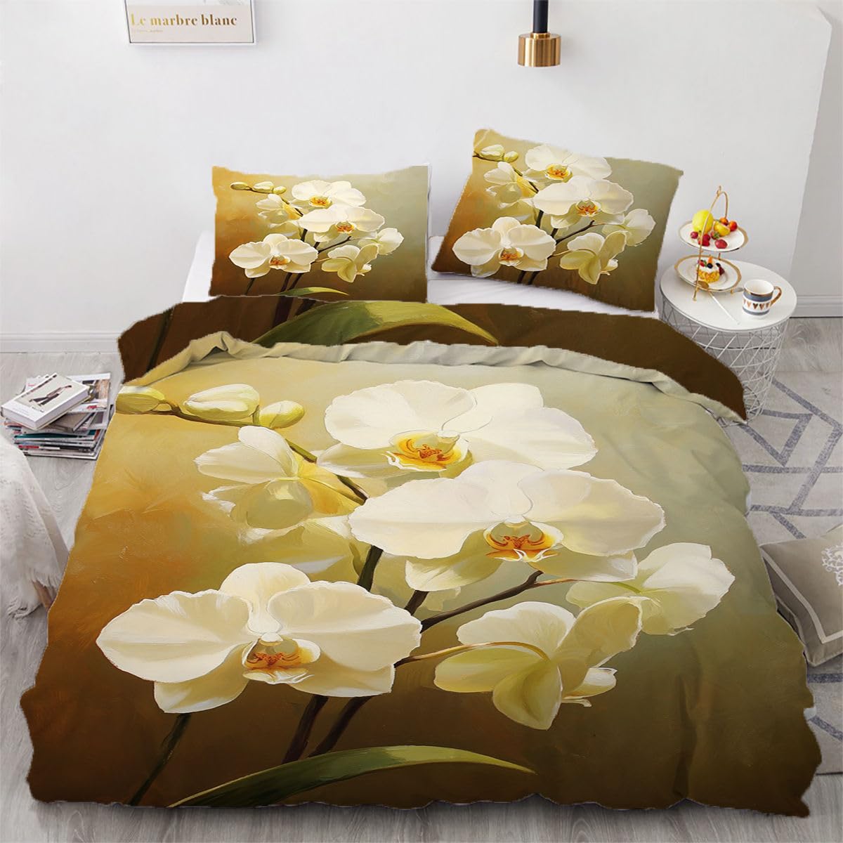 Orchid Flower Duvet Cover 120"x 98" Size, Nature Flowers Bedding Set with 2 Pillowcase, Comforter Cover for Kids Teens Room Decor
