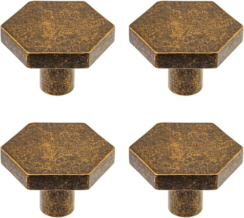 RZDEAL Paquete de 4 pomos de latón antiguo de 1-110 pulgadas, pomos de latón macizo para gabinetes y tiradores hexagonales de bronce para cajón de