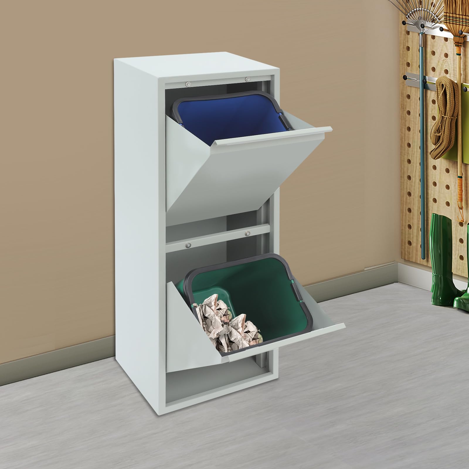 Mülleimer 2 Fächer Wandmontage Abfalleimer Mülleimer Schrank Mülltrennsystem Küchenmülleimer mit Herausnehmbarer Müllschrank für Küche, Wohnung, Büro, 33 x 25 x 92 cm (Grau)