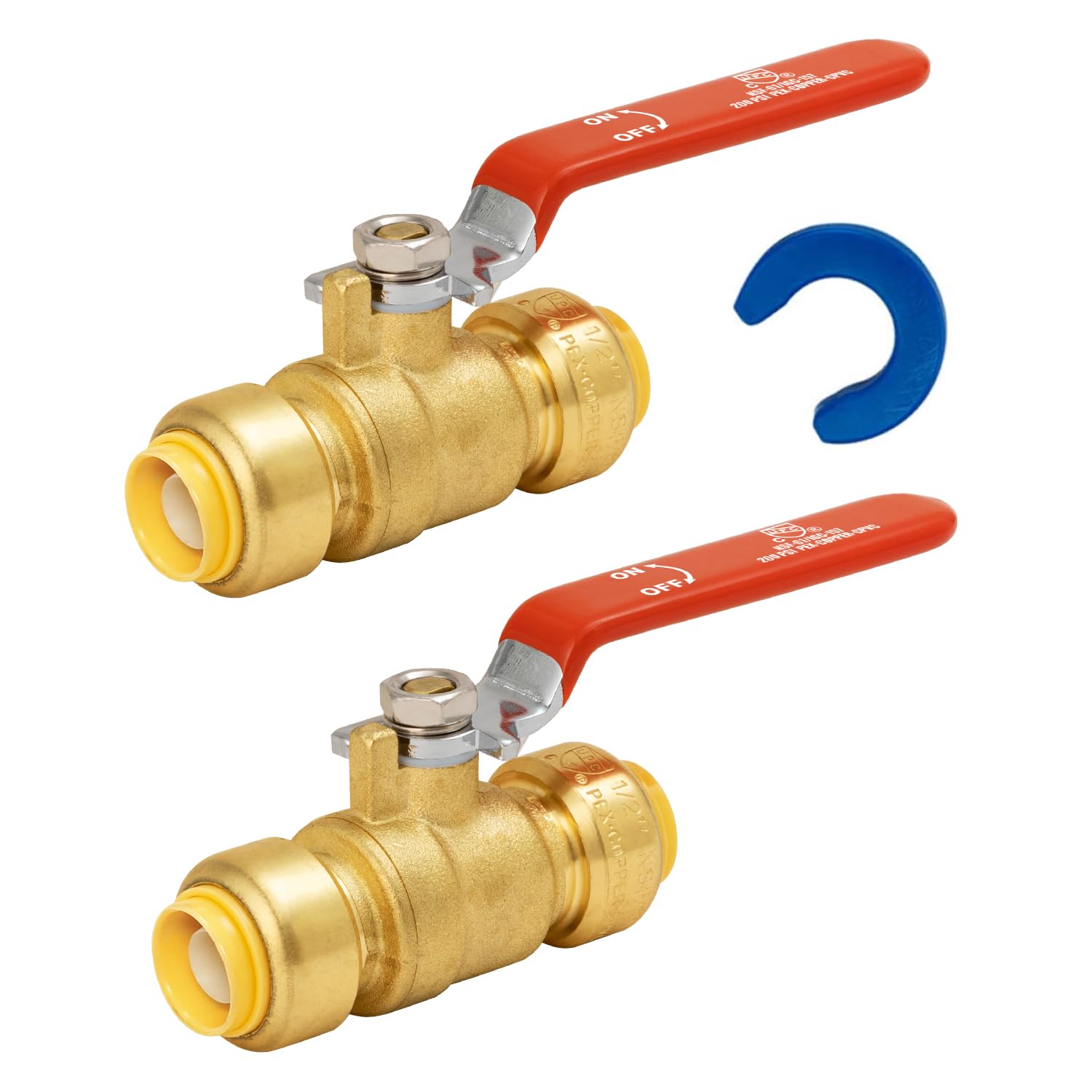 SUNGATOR Ball Valve 1/2 Inch, 1/2" Shut Off Valve, Water Shutoff, No Lead Brass Push-to-Connect Plumbing Fittings for Pex Pipe, Copper, CPVC, with 1 Disconnect Clip, Pack of 2