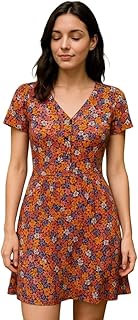 فستان قصير ايه لاين بقصة ايه لاين وطبعة زهور ورقبة على شكل حرف V واكمام قصيرة وازرار امامية للنساء من شي ان