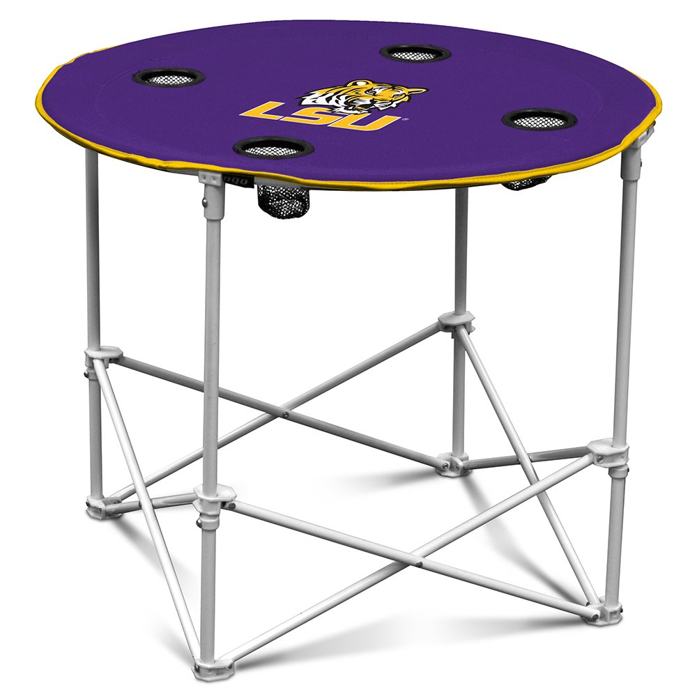 Logo Brands NCAA LSU Tigers Round Tailgating Table – Portable with Foldable Legs, 4 Cup Holders, Powder-Coated Steel, and 27.6" Surface Diameter, Team Color