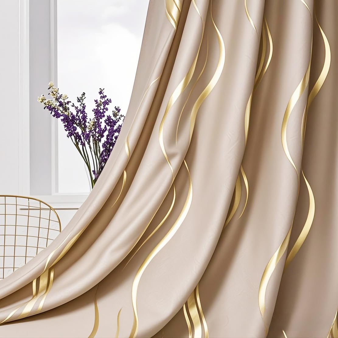 MYRU 2 Panels Set Luxury Striped Blackout Curtains for Bedroom Living Room (Khaki and Gold, 2 x 66x90 Inch) - Image 3