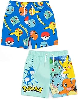 Pokemon Swim Shorts 2 Pack for Boys | Kids Children Blue Squirtle Pikachu Charmander Bulbasaur Swimming Pants Trunks | Gamer Swimwear Gifts