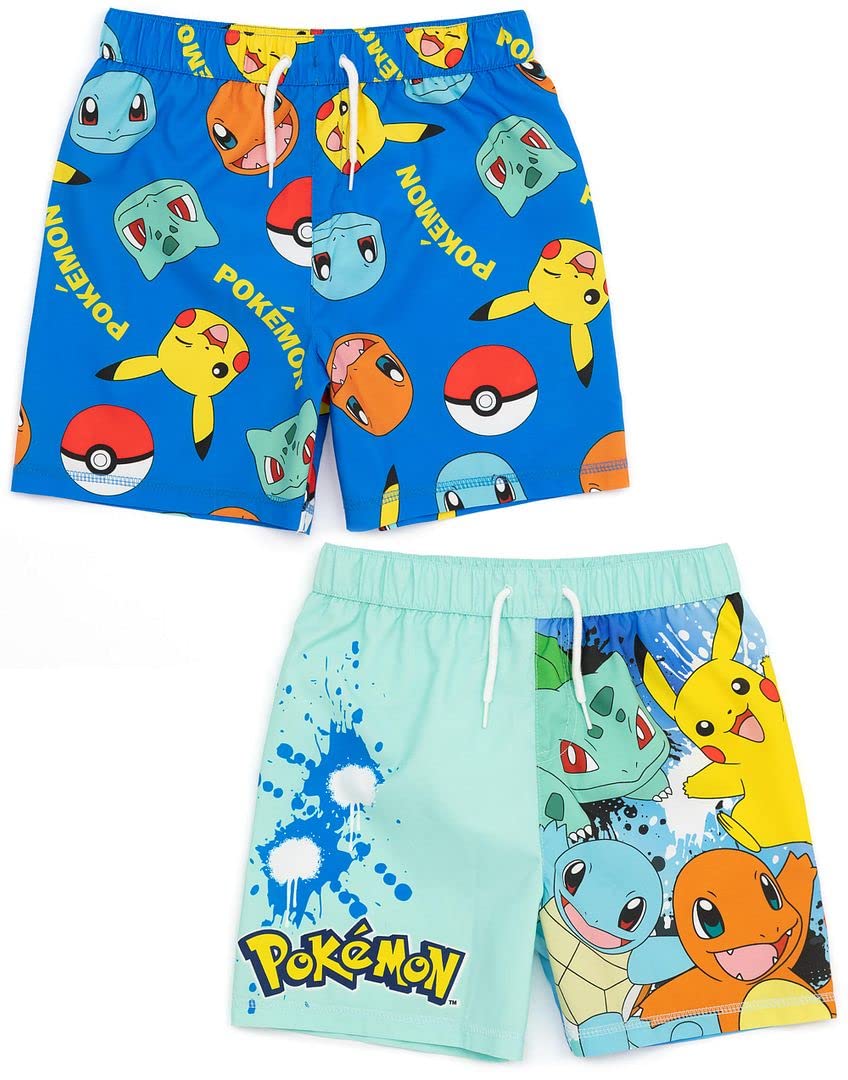PokemonSwim Shorts 2 Pack para niños | Niños Niños Blue Squirtle Pikachu Charmander Bulbasaur Pantalones de natación Trunks | Regalos de Trajes de baño para Jugadores