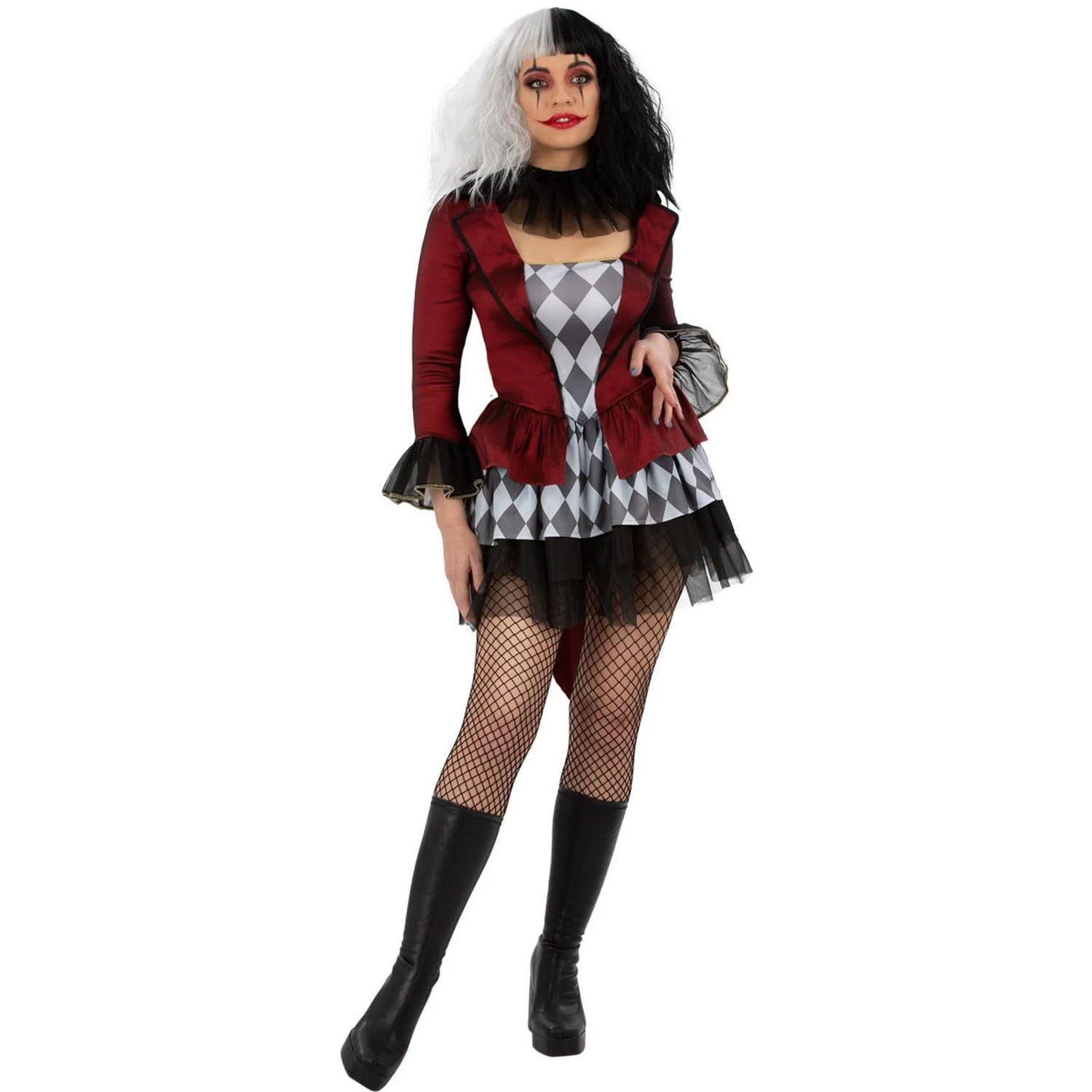 Smiffys Evil Jester Costume Mock Jacket with Attached Top, Skirt & Neck Cuff, Halloween Cirque Sinister Fancy Dress, Halloween Dress Up Costumes, Large