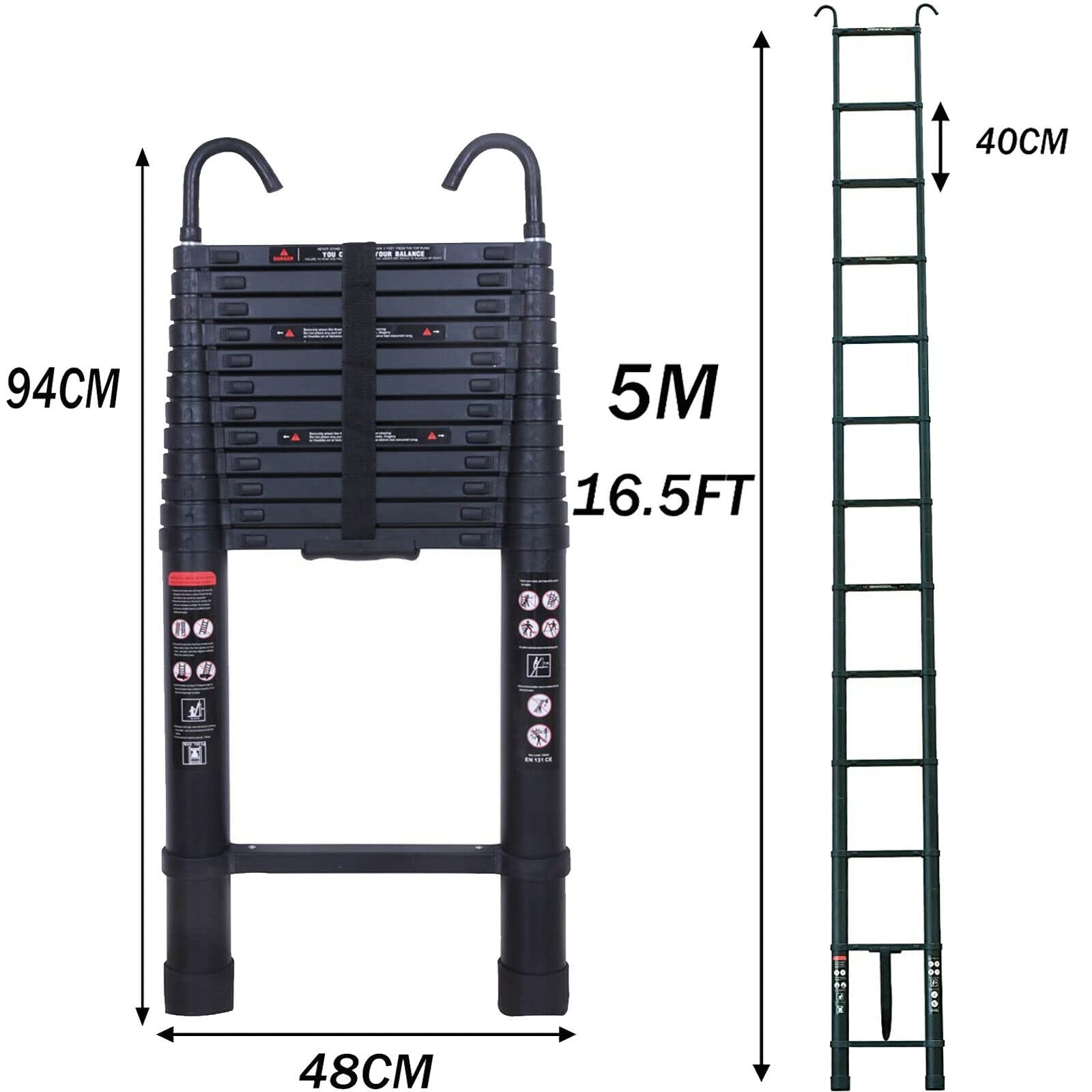 5m Échelle Télescopique en Aluminium avec Crochet Antidérapant pour Toit de Grenier, Echelle Pliable, Capacité de Charge Maximale de 150 kg en 131 Légère, Noir