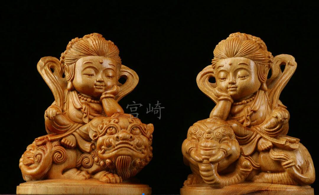 Amazon｜崎文殊普賢菩薩 木彫仏像 供養品 仏教工芸品 開運風水｜仏像 