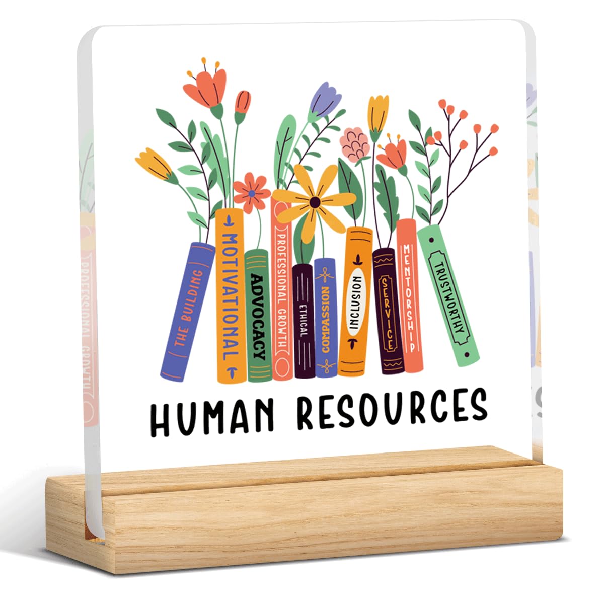 Wzotiy Clear Acrylic HR Gifts Sign with Wood Stand for Office, 4x4 Inch, Modern Floral Design, Perfect for Administrative Professionals Day, Christmas