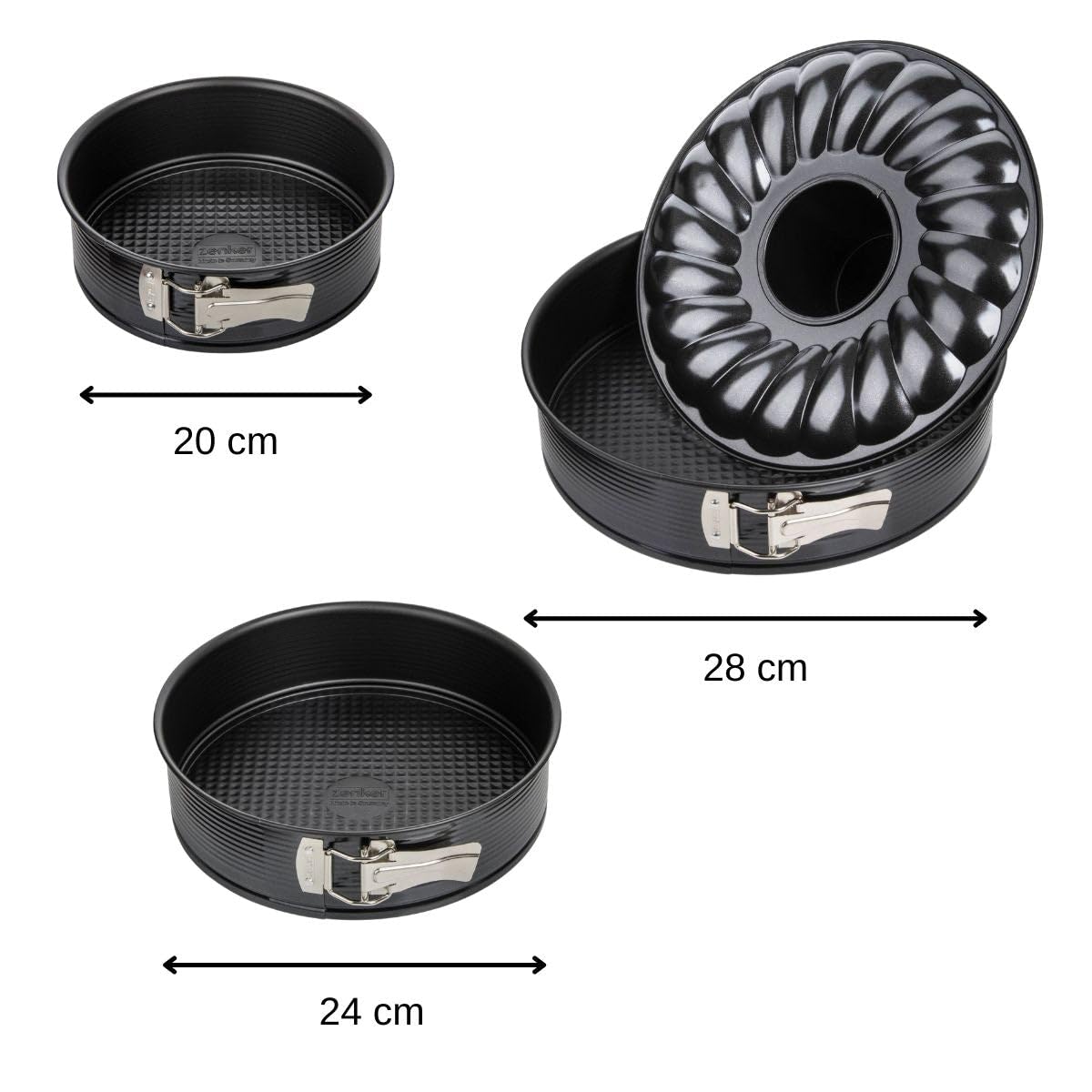 Zenker 9991650 Zestaw 2 foremek do pominięcia + 1 forma do savarin kolekcja Black Metallic, nieodebrana foremka, forma na zawiasach, forma okrągła, forma savarin, stal, czarny, średnica 20 cm + 24 cm