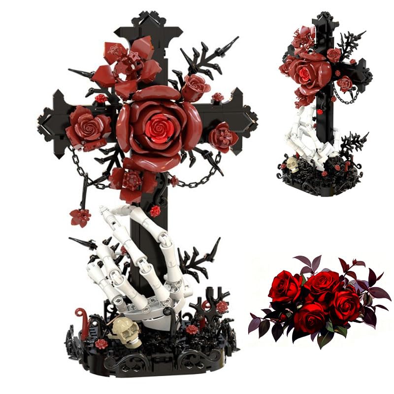 Gothisches Kreuz & Rot Rosen-Bauset, Skelett-Hand mit Schädel Sammlermodell, Dunkle Fantasy-Deko für Erwachsene Bauklötze-Set, Halloween-Romantische Geschenke, Spuk-Themen-Spielzeug-Display