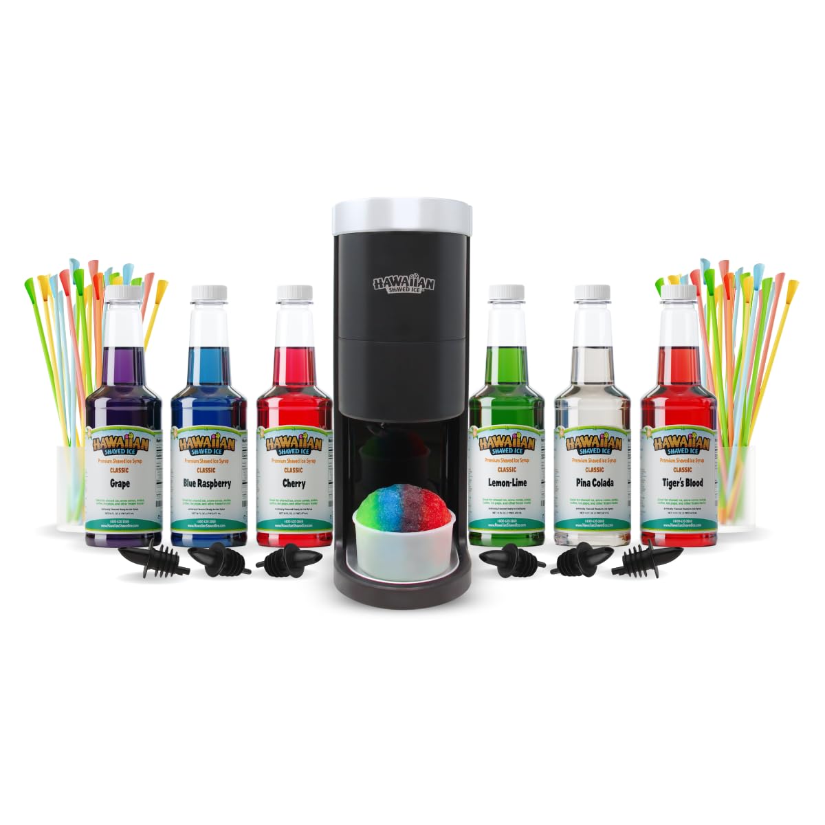 Hawaiian Shaved Ice HomePro Shaved Ice and Snow Cone Machine Kit, 6-16oz. Syrup Flavors Cherry, Grape, Blue Raspberry, Tiger's Blood, Lemon-Lime, Pina Colada, 50 spoon straws, 6 black pour spouts