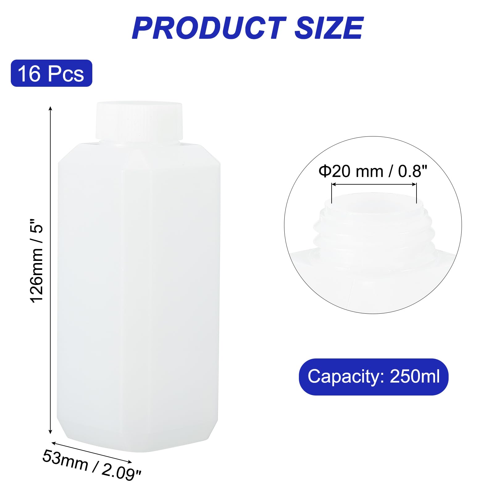 PATIKIL Frascos De Reactivos, 16 Pcs 250ml HDPE Boca Estrecha Contenedor Cuadrado Para Almacenamiento De Muestras Con Tapa De Anillo Interior Para Laboratorio Líquidos Reactivos Agua
