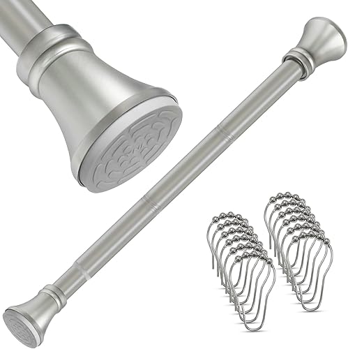 YNL Barra de tensión, nunca se oxida, antideslizante, sin taladro, barra de cortina de ducha corta de 36 a 52 pulgadas con 12 anillos de cortina de