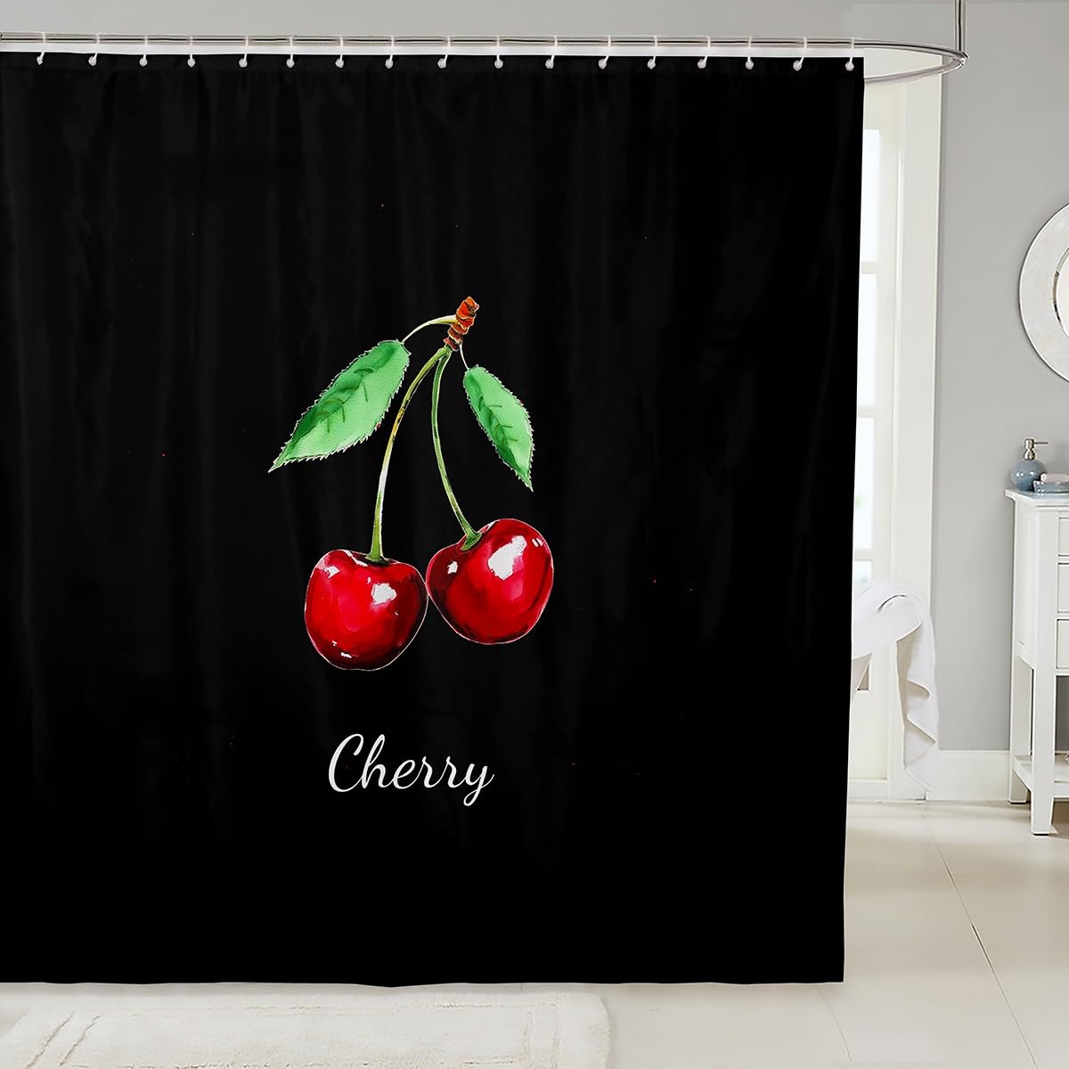 Cherry Shower Curtains,Tropical Fruit Bathroom Curtains for Kids Teens Adult,Solid Black Background Waterproof Bath Curtains,with 12 Hooks Suits for