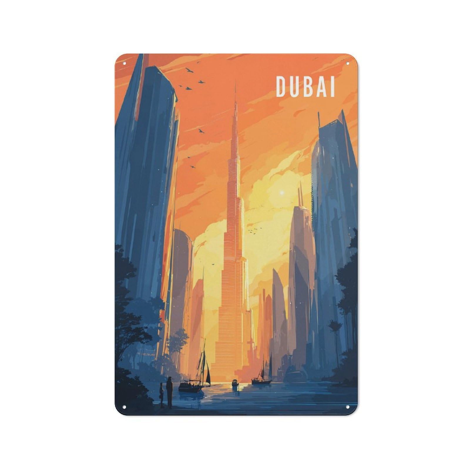 Dubai Skyline Illustration Rustic Tin Sign 30x20cm for Café Or Restaurant, for Café Owners And Decorators, for Retro Home Interiors