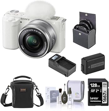 Sony ZV-E10 Mirrorless Vlog Camera with 16-50mm Lens, White - Bundle with 128GB SD Card, Shoulder Bag, Extra Battery, Charger, 40.5mm Filter Kit, Cleaning Kit