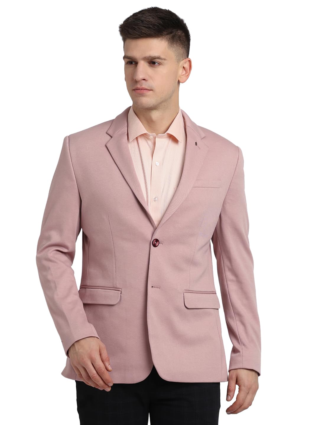 Men Knitted Notch Lapel Collar Rose Pink Single Breasted Casual Blazer-image-3
