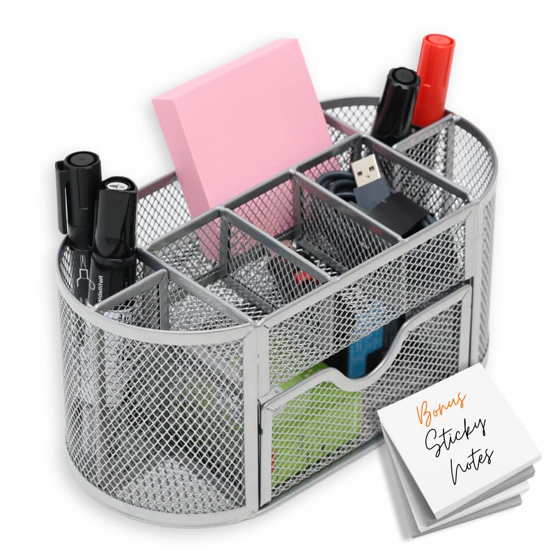 Maypes Pen Holder Desk Organizer – 9-Compartment Pencil Holder Desk Organizer with Drawer Tray – Desktop Organizer for Office Supplies and Stationery