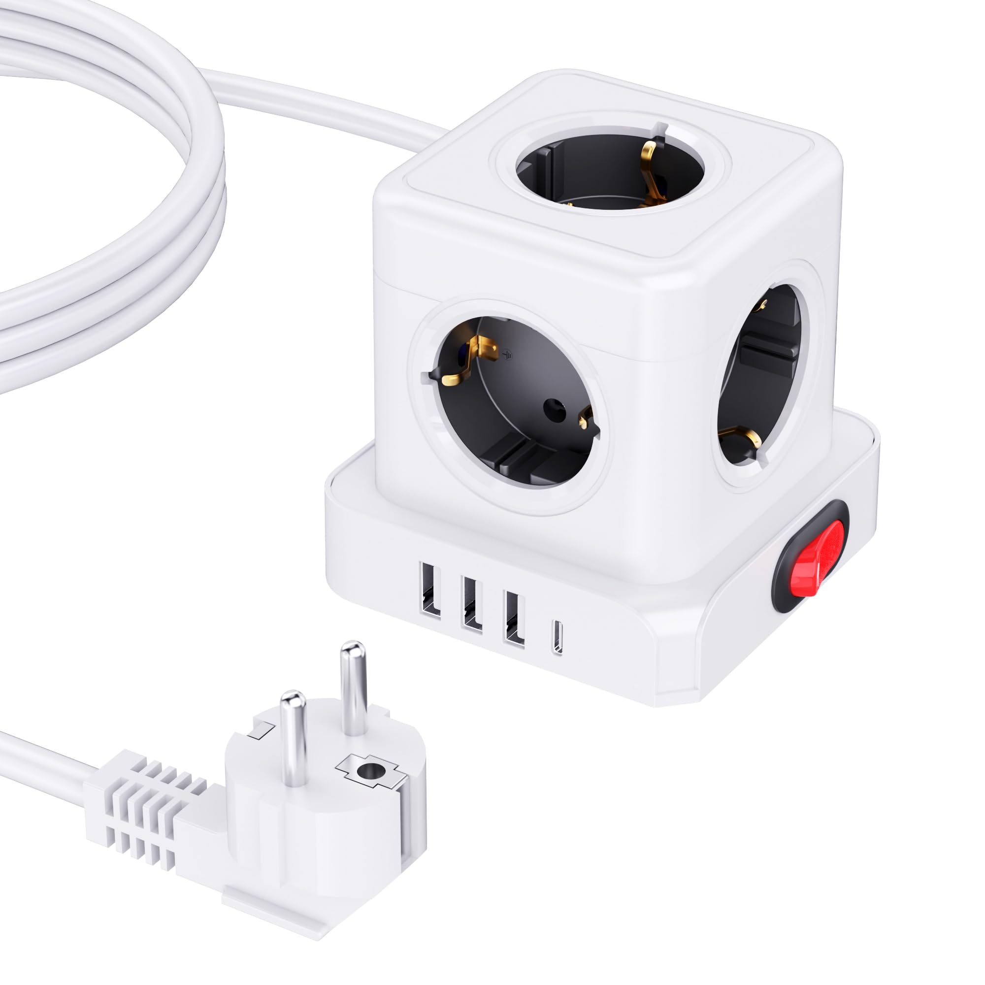 5 Fach Steckdosenwürfel, Steckdosenleiste Würfel USB (3680W/16A), Mehrfachsteckdose Cube mit Schalter,1.5 M Verlängerungskabel Mehrfachstecker Steckdosenadapter für Büro,Hause, Weiß