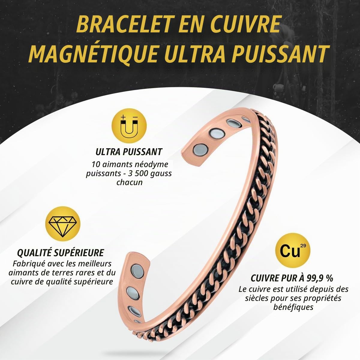 MagnetRX® Bracelet en Cuivre Efficace pour Hommes et Femmes - Bracelet Manchette en Cuivre avec Aimants Puissants et Finition Antique