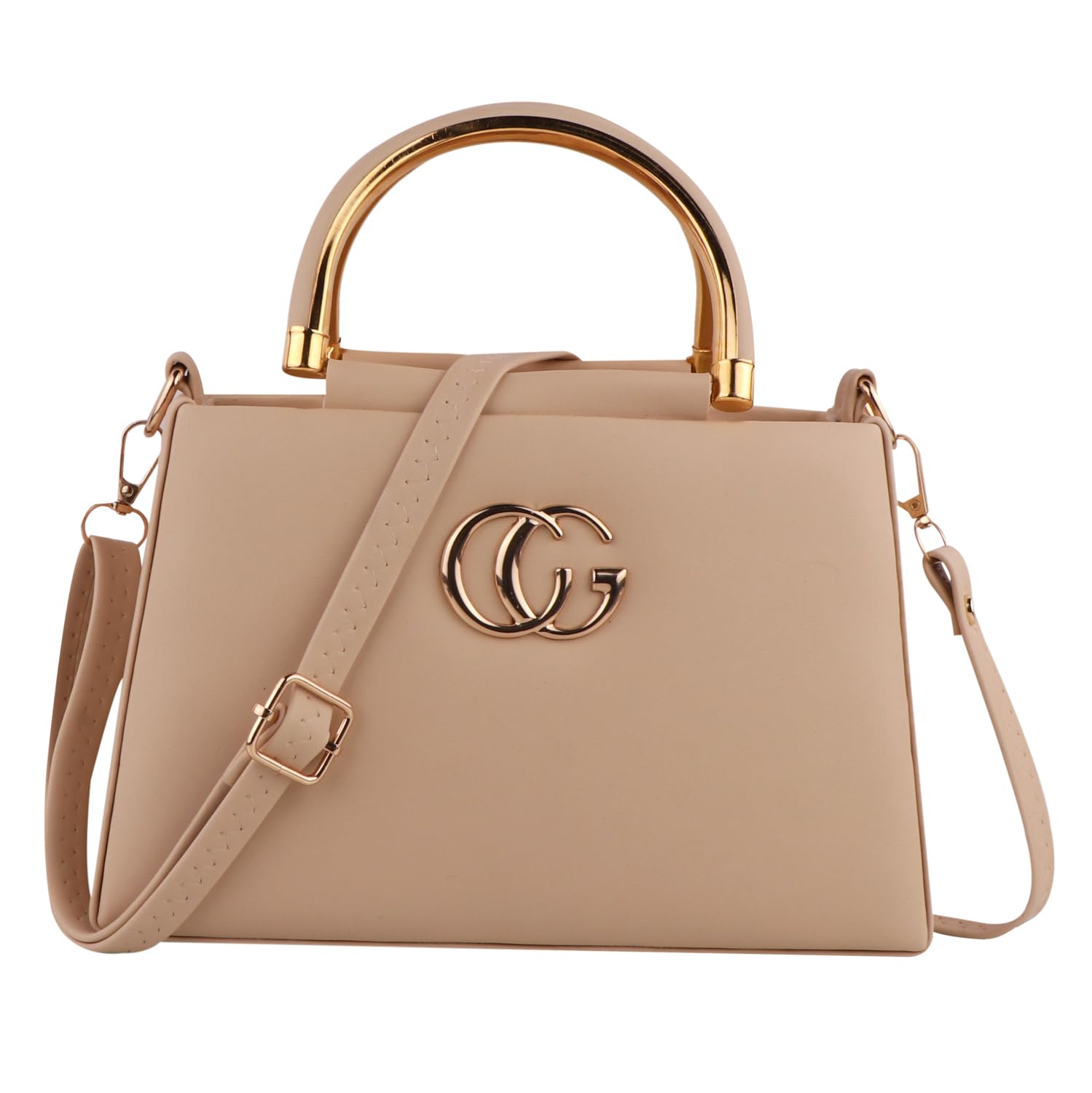 Premium White Handbag for Women | Stylish Satchel Bag with Golden Metallic Top Handle & Interlocking Logo Charm | Elegant Shoulder Bag with Adjustable Crossbody Strap-image-0