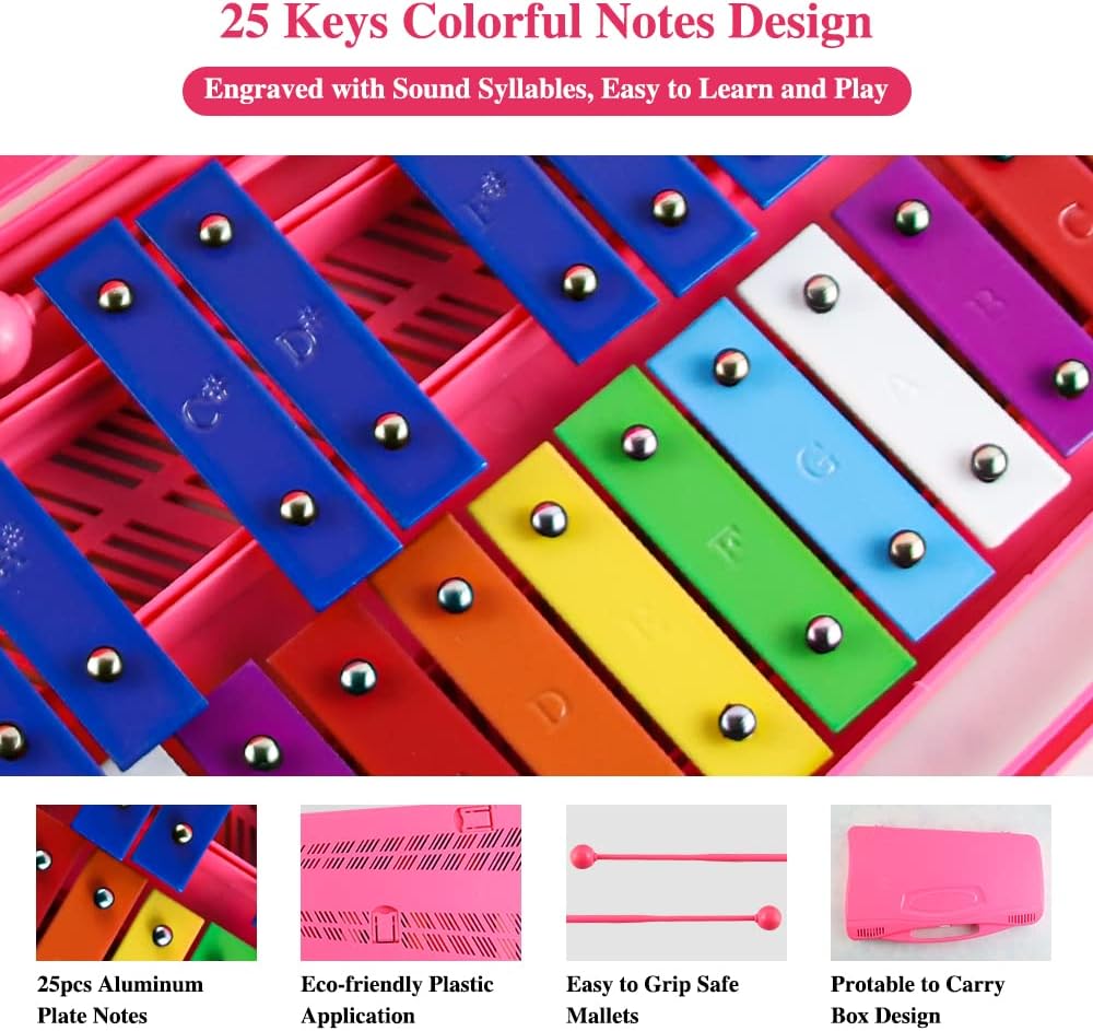 Eavnbaek 25 Notes Glockenspiel Xylophone, Professional Xylophone Percussion Instrument with Hard Case and Safe Mallets, for Student Beginners, Music Teaching and Gifts (Pink)