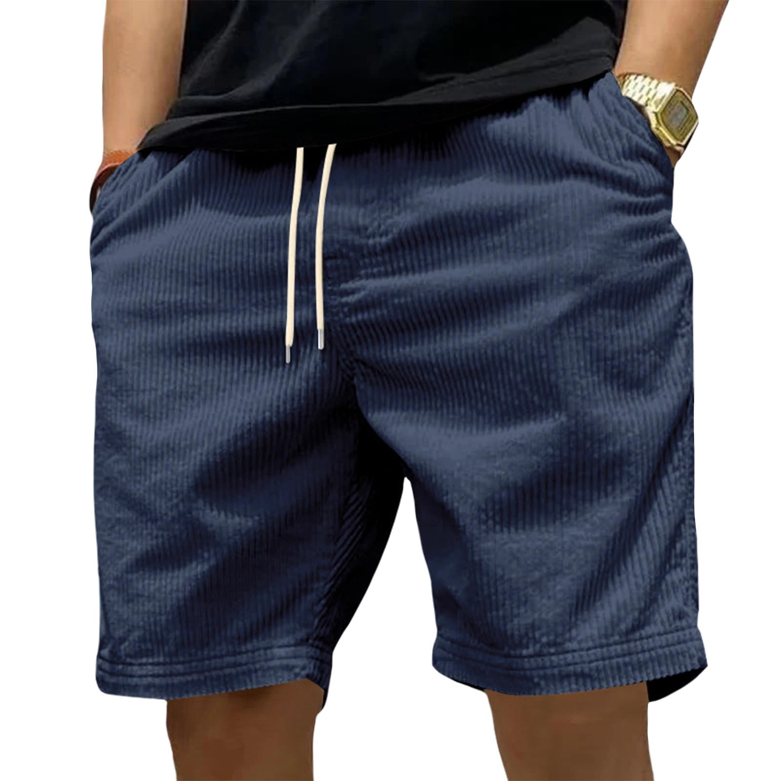 Mens Casual Corduroy Shorts Elastic Waist Drawstring Shorts with Pockets Summer Fall Outdoor Workout Short
