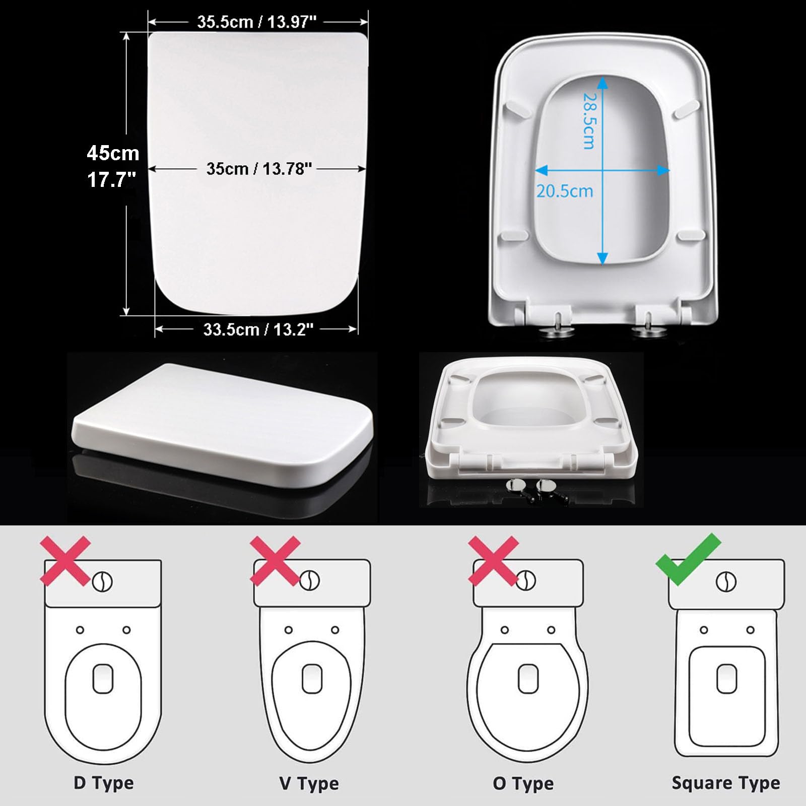 Toilettensitz Quadratischer Toilettensitz, leicht zu reinigender quadratischer Toilettensitz mit Absenkautomatik, Schnellverschluss, Top-Fixierung aus PP, weißer Ersatz, 04A(04A)