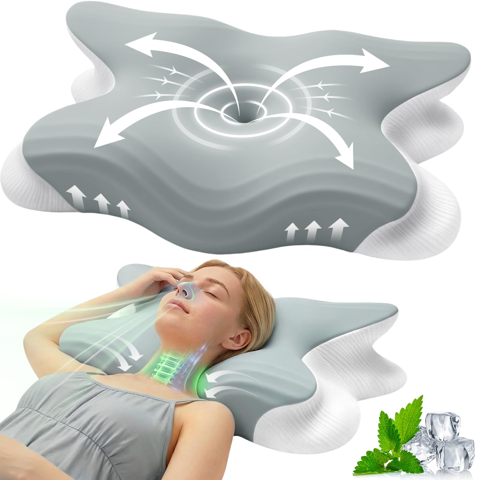 Cuscino Cervicale per Dormire, 2 in 1 Cuscino Cervicale Ortopedico, Cuscino Memory Foam, Cuscini Ergonomico Cervicale per Dormitori Laterali, Supini e Proni (62cm x 42cm x 13/11cm)