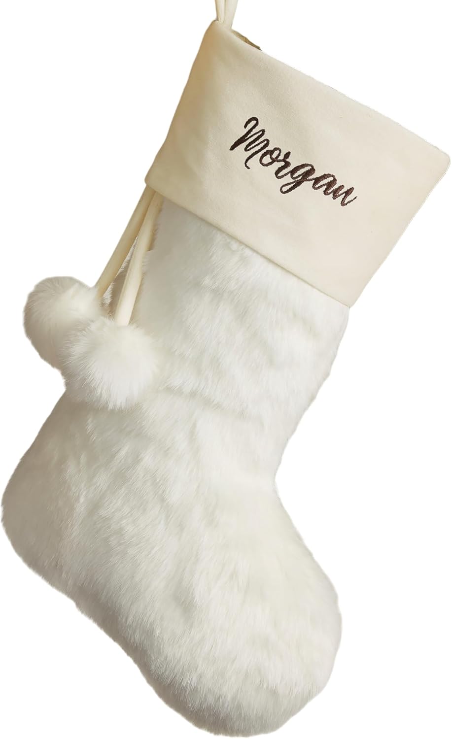 Personalization Universe Personalized Faux Fur Christmas Stocking in Ivory - Customizable with Any Name or Monogram, Holiday Decorations, 20" L x 8" W, 100% Polyester, Spot Clean Only