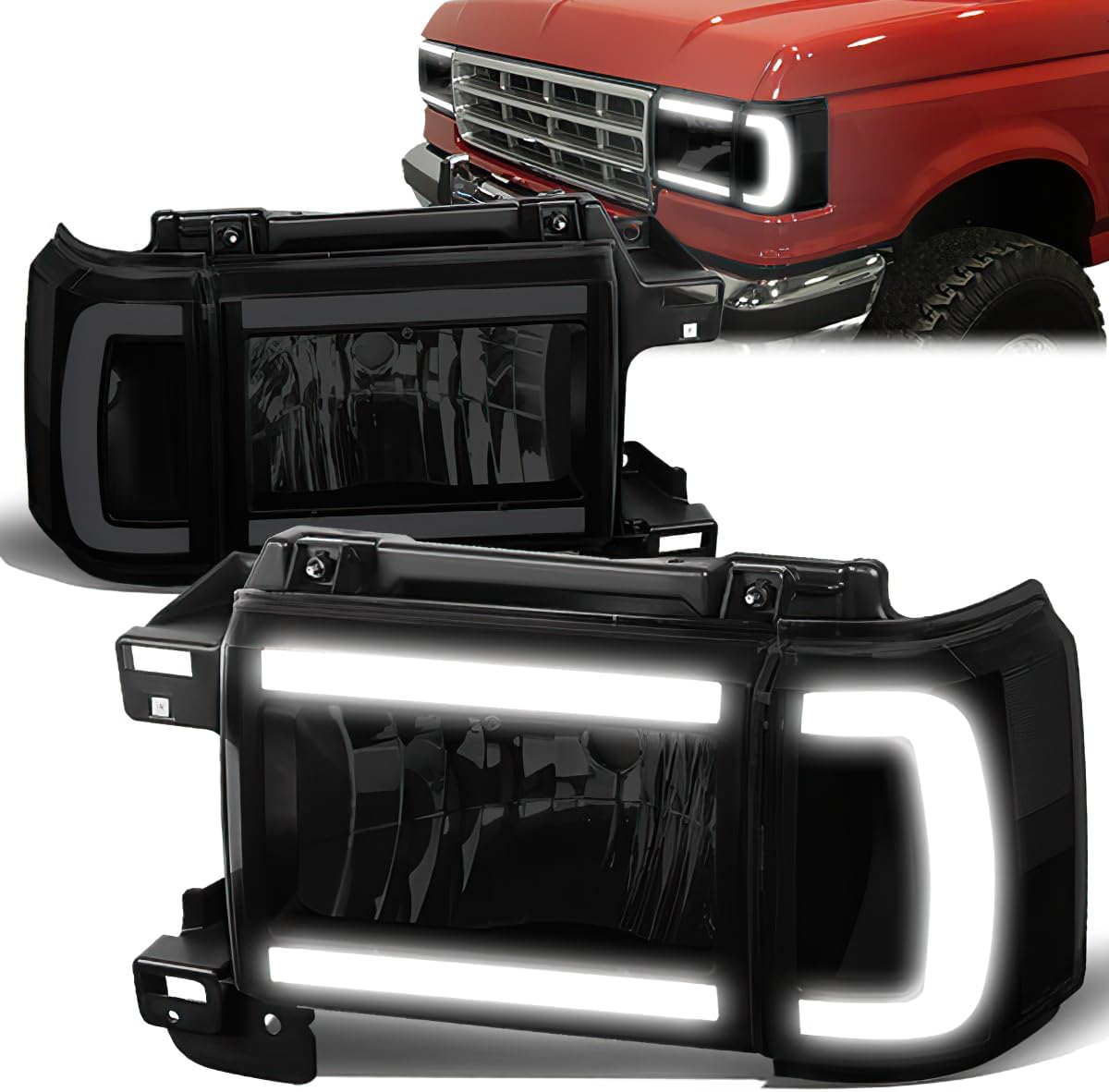 LED DRL Headlight Assembly Compatible with Ford Bronco F-150 F-250 F-350 1987-1991 Left Right Headlamp Set Clear Corner FO2502104 FO2503104