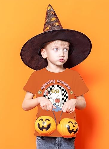 Miniatura 6 de Blinket Camiseta de Halloween para niños pequeños, camisa de fantasma de calabaza negra y blanca, a cuadros, estampado naranja, manga corta,
