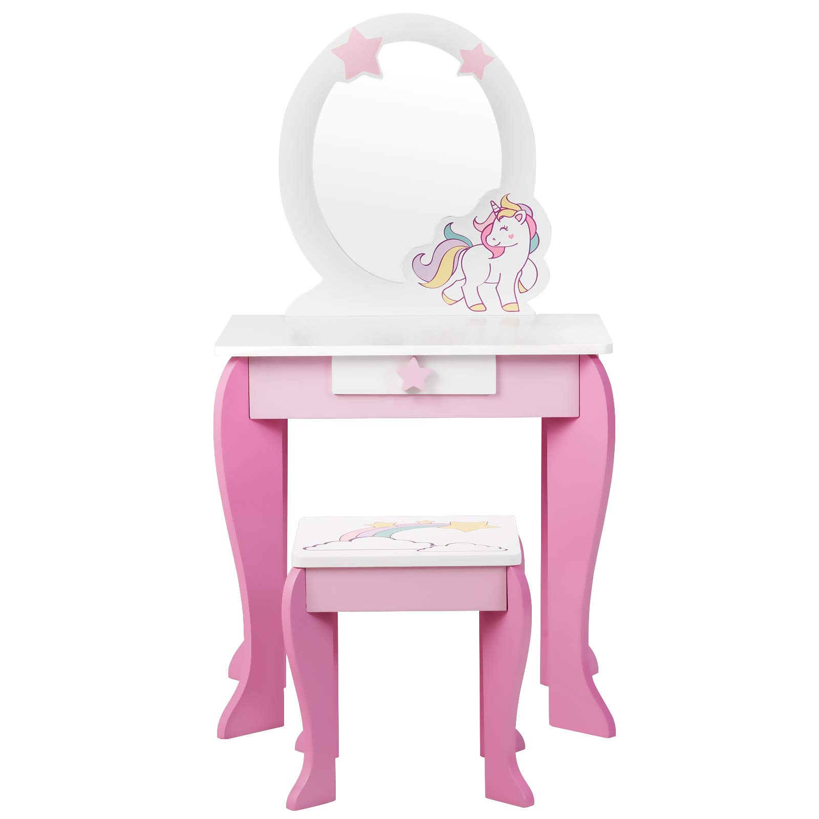 GIANTEX Set di Specchiera e Sgabello per Bambini, Tavolo da Trucco Giocattolo in Legno con Cassetto, Ideale Regalo per Ragazze di 3-7 Anni, con Portata di 15kg, 49x35,5x89cm (Rosa)