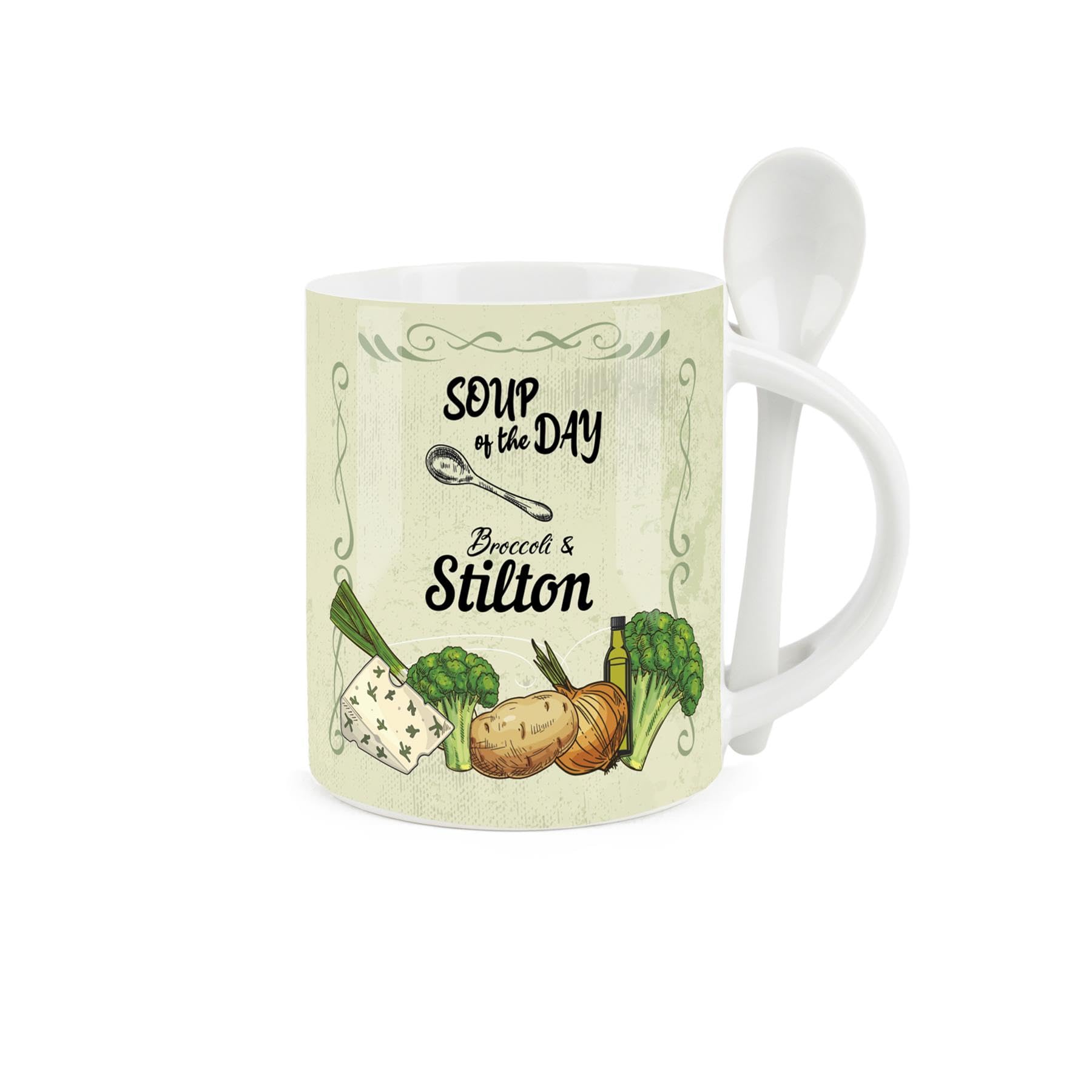 Purely Home Soup Mug and Spoon Set - Broccoli and Stilton Soup of The Day - Ceramic White and Green Soup Mug with Spoon in Handle