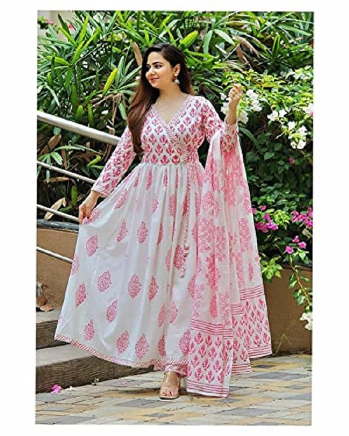 Image of Yashika Paisley Regular Women's Trendy Printed Cotton Blend Flared White & Pink Color Angrakha Style Lace Kurta Palazzo Set with Dupatta(YS-KS2066-M)