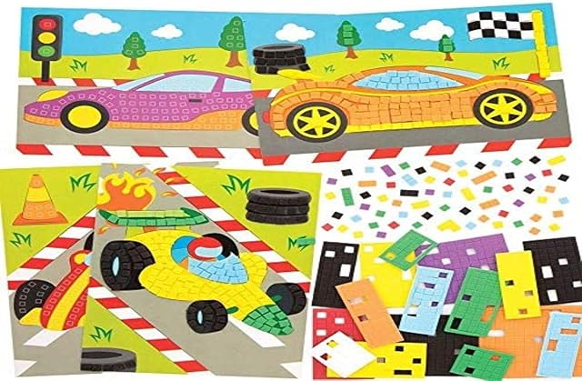 Baker Ross FE612 Racing Car Mosaic Picture Kits - Pack of 4, Mosaic Tiles Arts and Crafts, Mosaic Kits for Children, Creative Activities for Kids