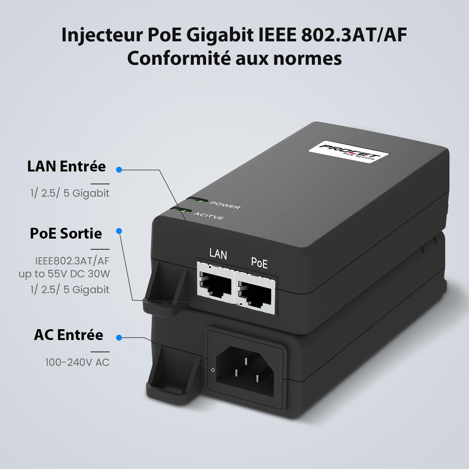 PROCET 5 Gigabit PoE Injecteur 55 V 30 W, Norme IEEE 802.3AT, Alimentation PoE+ pour eero PoE 6/7, UniFi U7 Pro, U6 Enterprise, Point d'accès sans Fil Cisco, G5/ G6 Pro AI urret caméra IP