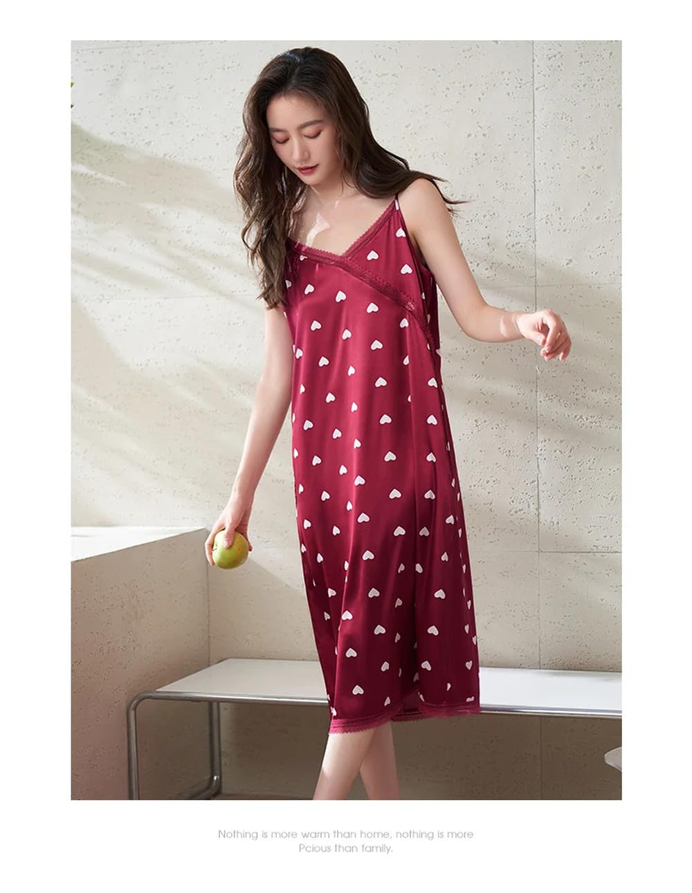 Camisón para Mujer - Verano Rojo Corazón Patrón Ropa De Dormir Mujeres Camisón Sin Mangas Mujeres Seda Satén Señoras Camisón Sexy Ropa De Dormir Sling Vestido para Casa