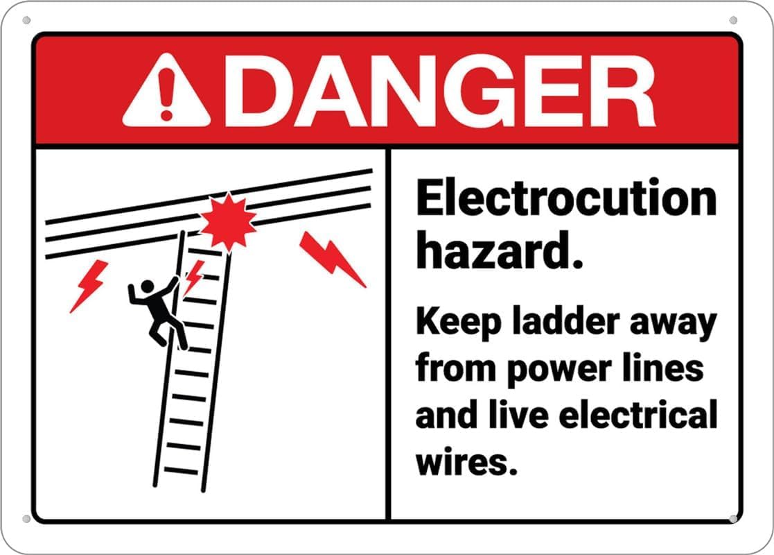 Danger Electrocution Hazard Keep Ladder Away Rust Free Aluminum Sign - Outdoor Decor with Pre-Drilled Holes for Home, Factory Electrical Zone - 16x12 Inch​