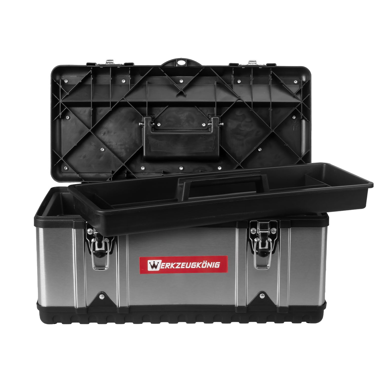 Werkzeugkoffer leer Edelstahl 47 x 24 x 21 cm Werkzeugkasten mit herausnehmbarer Ablage, Werkzeugkiste mit Organizer für Werkzeuge, robuster Koffer mit Metallschließen, inkl. Griff