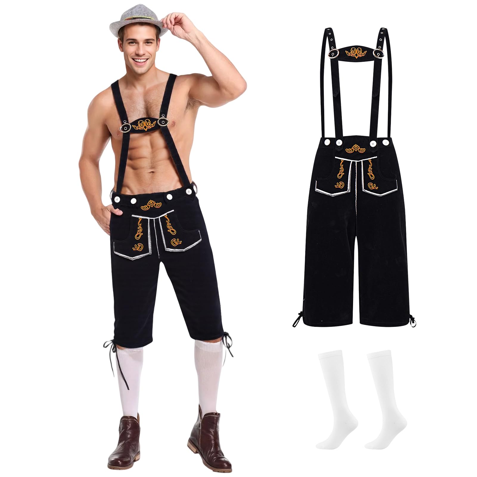 Alaiyaky Lederhosen Men, Traditional Bavarian Costume Men Oktoberfest Outfit October Festival Mens Lederhosen with Socks, Brown/Black Shorts German Costume for Oktoberfest (Style A, XL)
