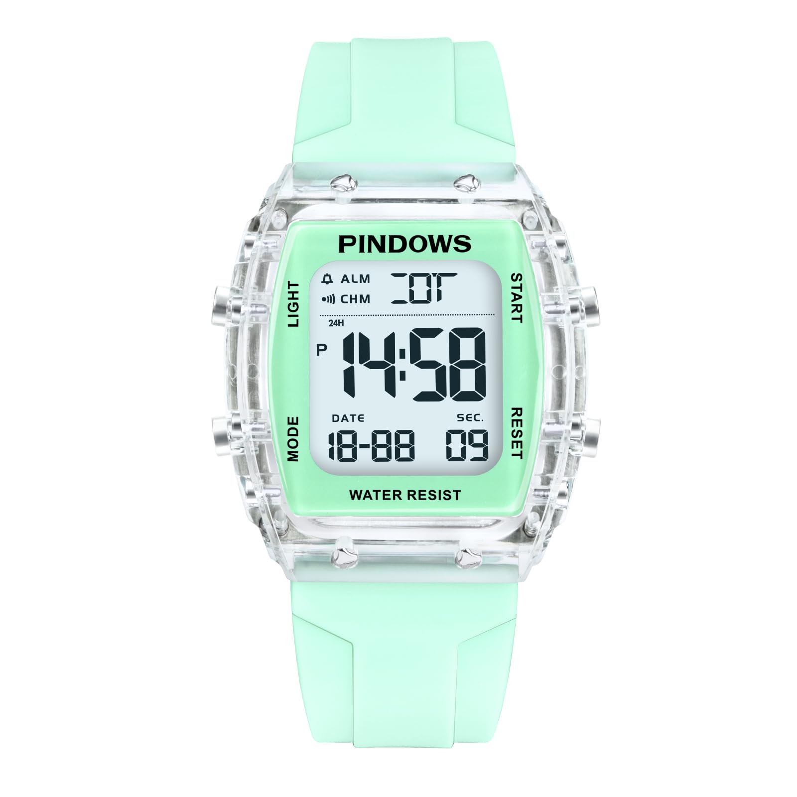 PINDOWS Digitale Sportuhr für Damen, transparentes Gehäuse, helles LED-Licht, 5 ATM wasserdicht, Stoppuhr-Alarm, Dualzeit, stilvolle Uhr für aktive Damen und Teenager