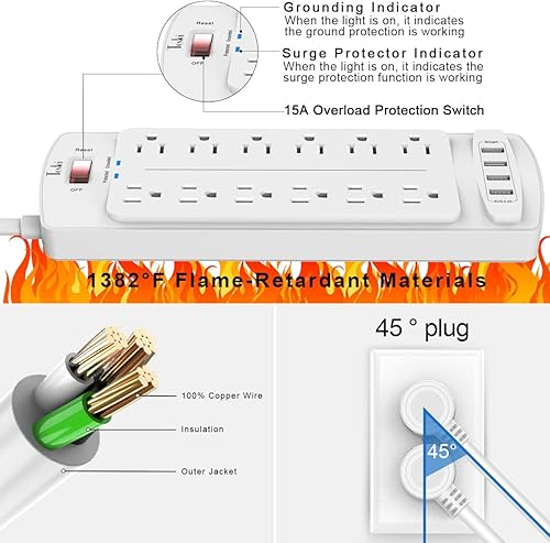 Miniatura 6 de Tcstei - Protector de sobretensiones con 12 salidas y 4 puertos USB, cable de extensión de 6 pies (1875 W15 A) para el hogar, oficina, artículos