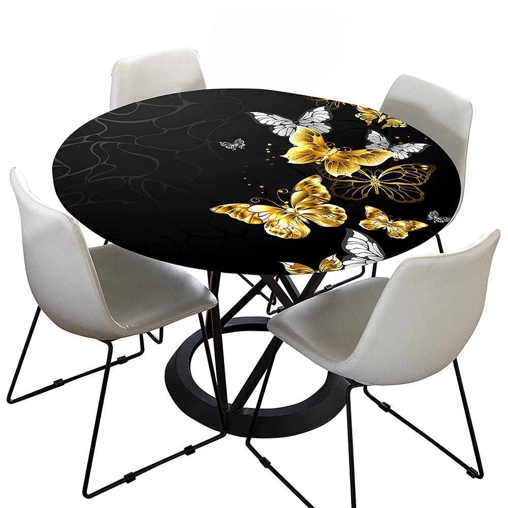 Treer-Shop Black Gold Round Tablecloth Fitted Elastic 3D Table Cloth, Treer Waterproof Dust-Proof Wipeable Polyester Table Cover Elastic Edge Butterfly Print Tablecloths For Kitchen Party Outdoors (,Round 90Cm)